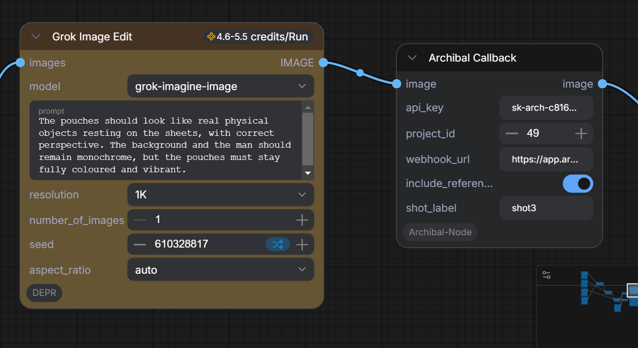 The Archibal Callback node wired into a ComfyUI workflow.